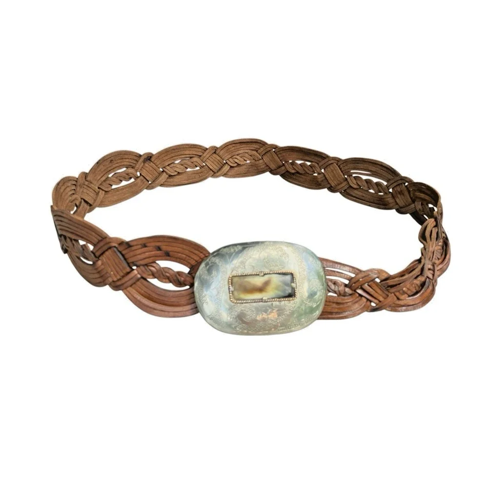 Vintage Boho Braided Leather Belt Oversized Engraved Statement Buckle Western 46